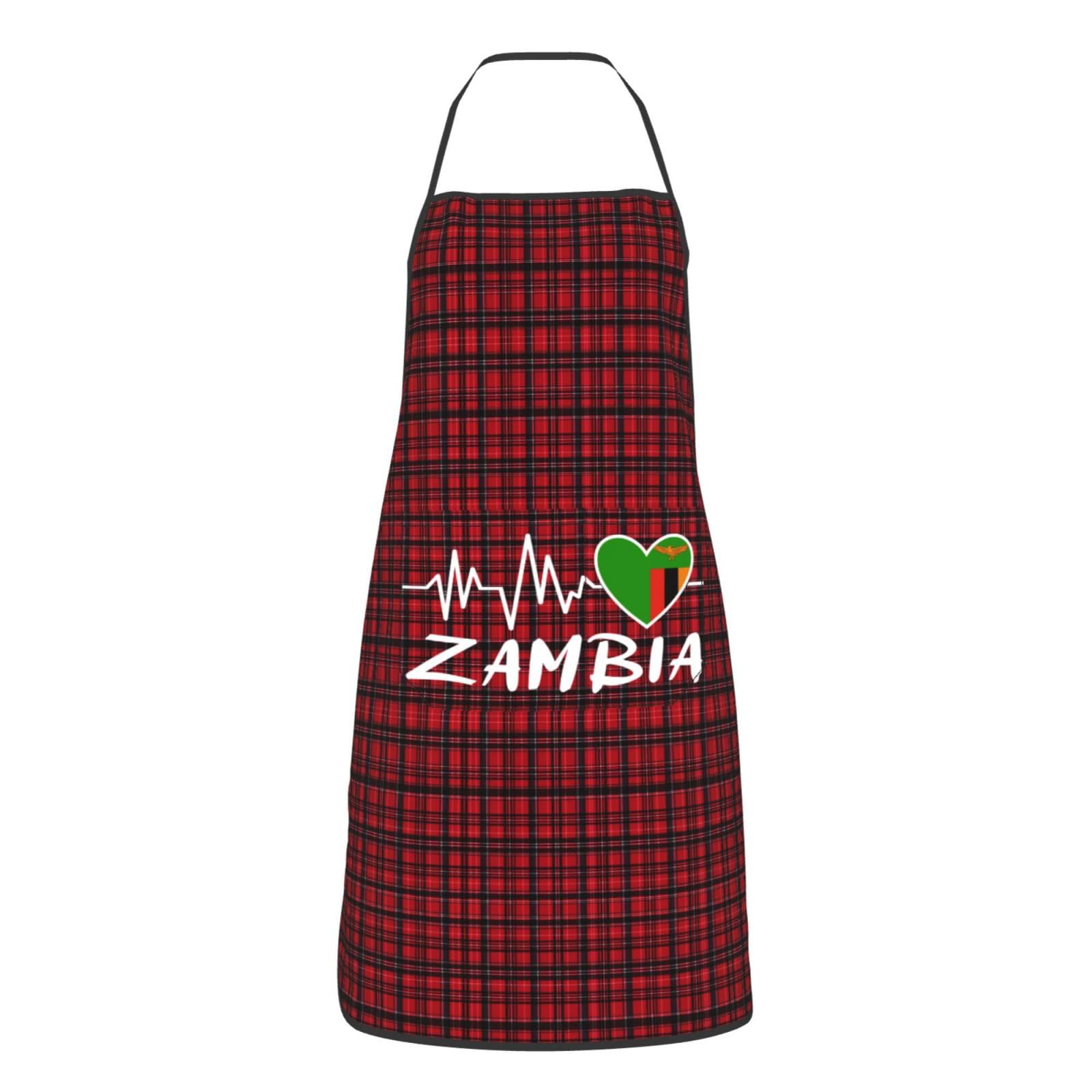 nopicsn Zambia Heartbeat Apron for cooking with Pockets Women Men Kitchen Chef Funny Aprons