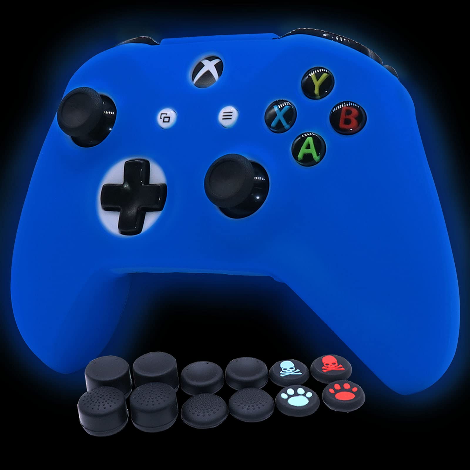 RALAN Controller Cover Silicone, Silicone Controller Cover Skin Protector in Dark Compatible for Xbox Ones Controller (Black Pro Thumb Grip x 8,Cat + Skull Cap Cover Grip x 2) (Blue)