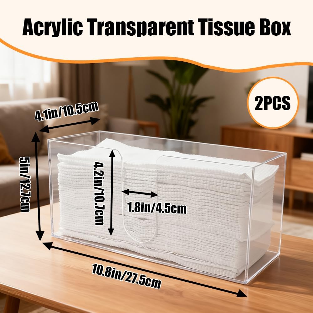 2 Pack Acrylic Paper Towel Holder, Clear Countertop Napkin Dispenser for Folded Paper Towels, Compact Hand Towel Storage Tray Suitable for Kitchen Counter, Bathroom Vanity, Restaurant Use (Clear) - Image 2