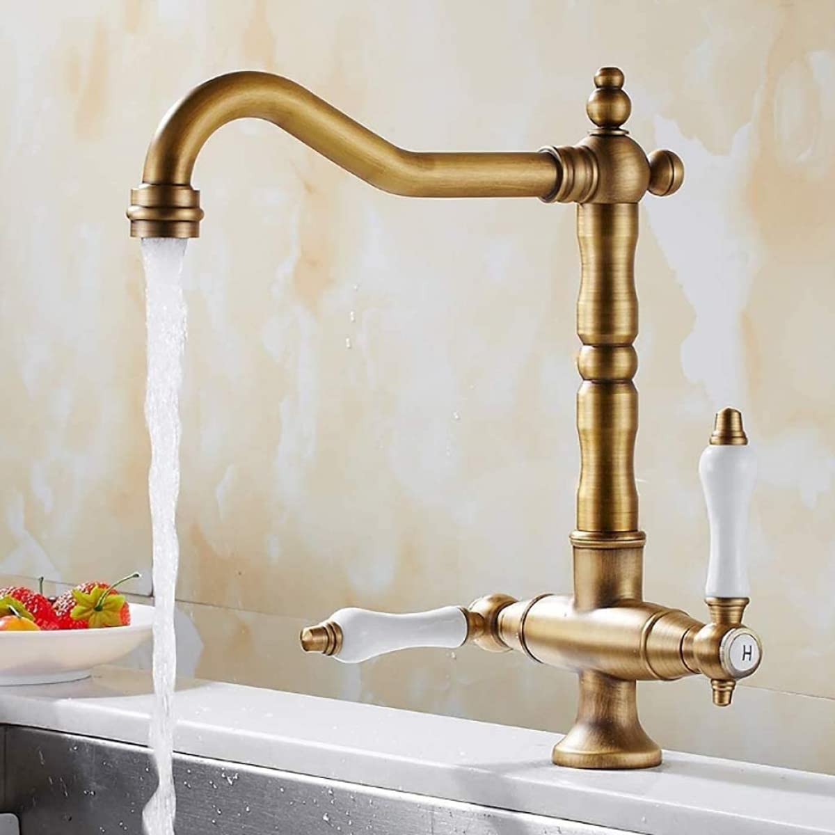 Grifo Mezclador De Baño De Cocina Retro Tradicional Grifo De Doble Manija De Latón Macizo para Cocina Agua Caliente Grifo De Agua Fría
