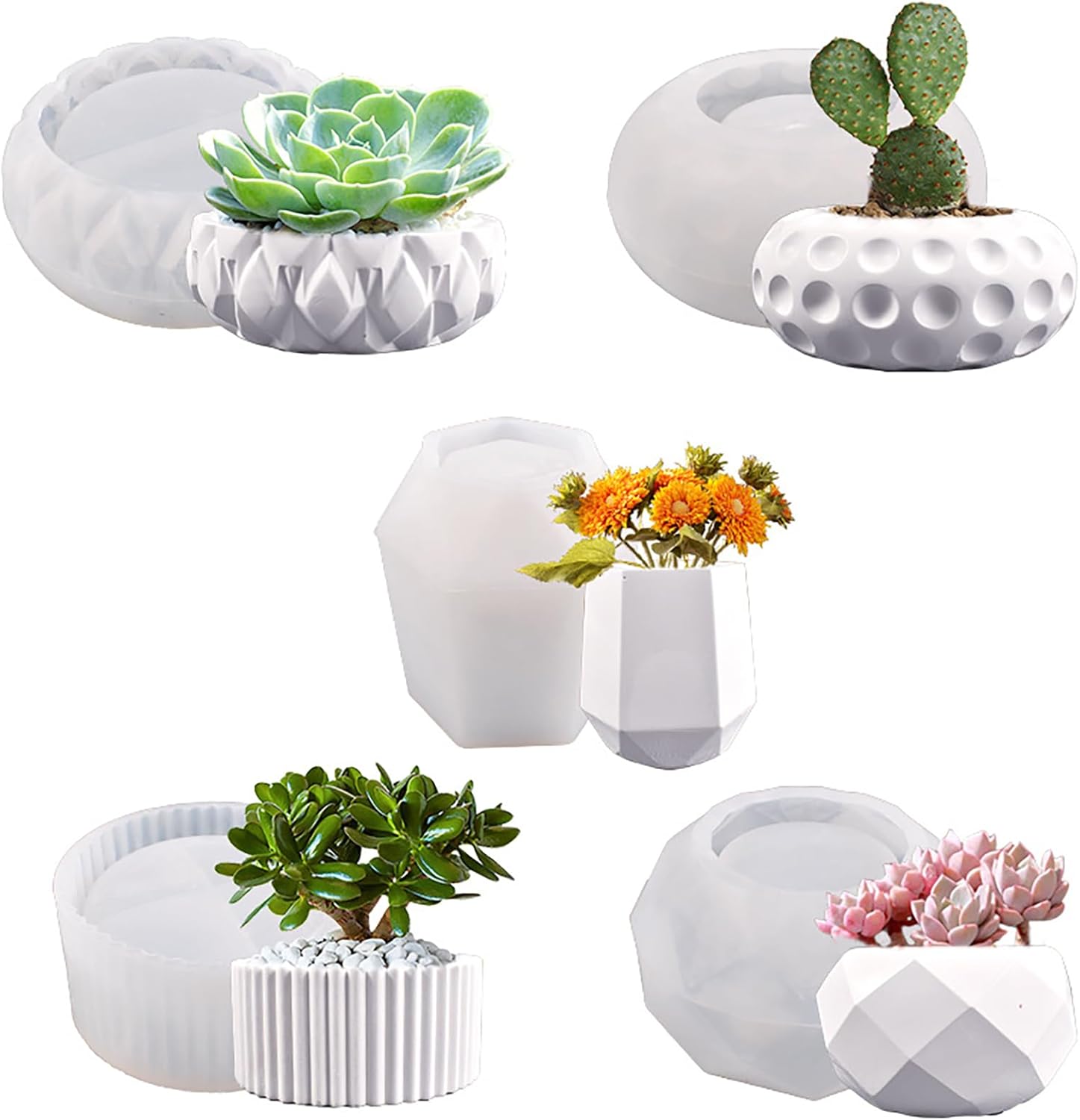 5pcs Succulent Pots Silicone Mold, Concrete Molds and Cement Mold for Making Small Pots and Vases