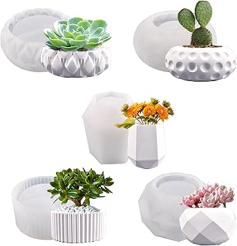 5pcs Succulent Pots Silicone Mold, Concrete Molds and Cement Mold for Making Small Pots and Vases