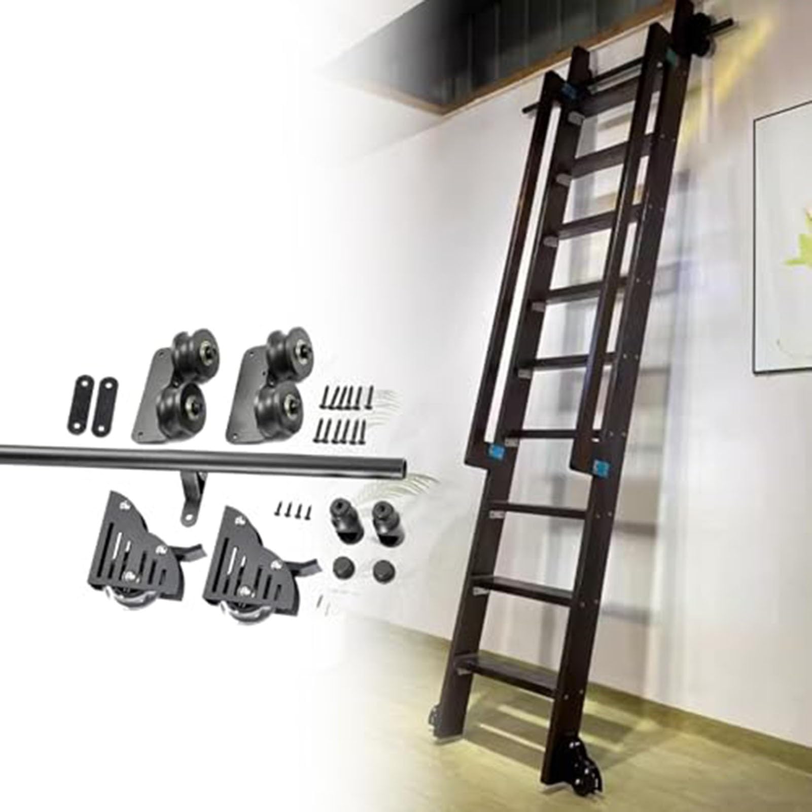 Rolling Library Ladder Hardware, Retractable Rolling Ladder Hardware, Rolling Track Rail With Floor Roller Wheel, Bookcase Sliding Ladders Rails, Mobile Ladders Tracks(200cm(6.6 ft) track kit)