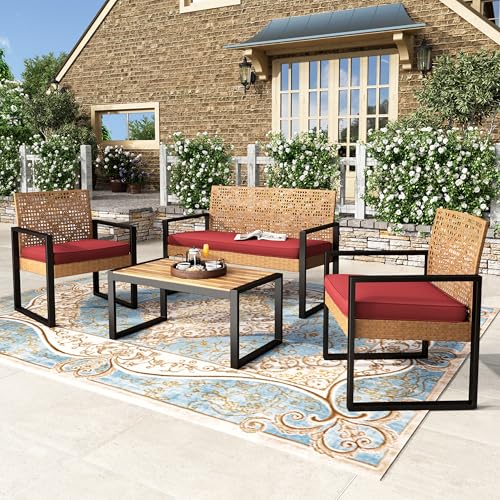HERA'S HOUSE Yellow Rattan 4 Piece Patio Furniture Set with Red ...