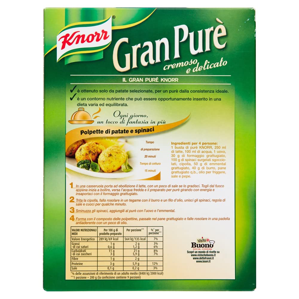 Knorr Gran Purè Cremoso e Delicato Preparado para puré de patatas sin gluten, 225 g (3x75 g)