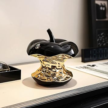 Modern Ceramic Apple Statue Home Decor Black & Gold | Half-Eaten Apple Figurine Desk Ornament for Home Office Shelf Table Centerpiece Accent,Fall Harvest Thanksgiving Gift