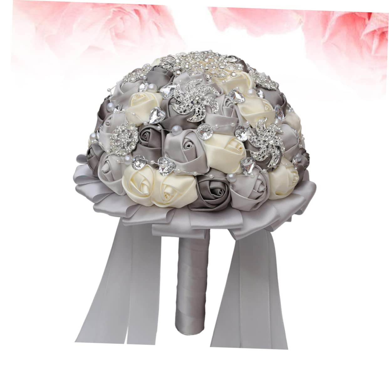 Cabilock Bouquet da Sposa Artificiale Nastro e Strass, Effetto Realistico, per Matrimonio e Decorazione Tavolo in Salotto, Argento