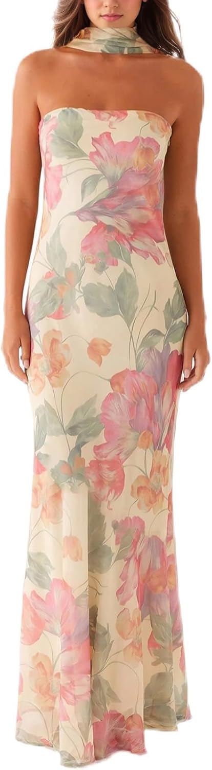 Women Floral Tube Maxi Dress with Scarf Summer Strapless Tube Bodycon Mesh Layer Cocktail Party Wedding Guest Dress