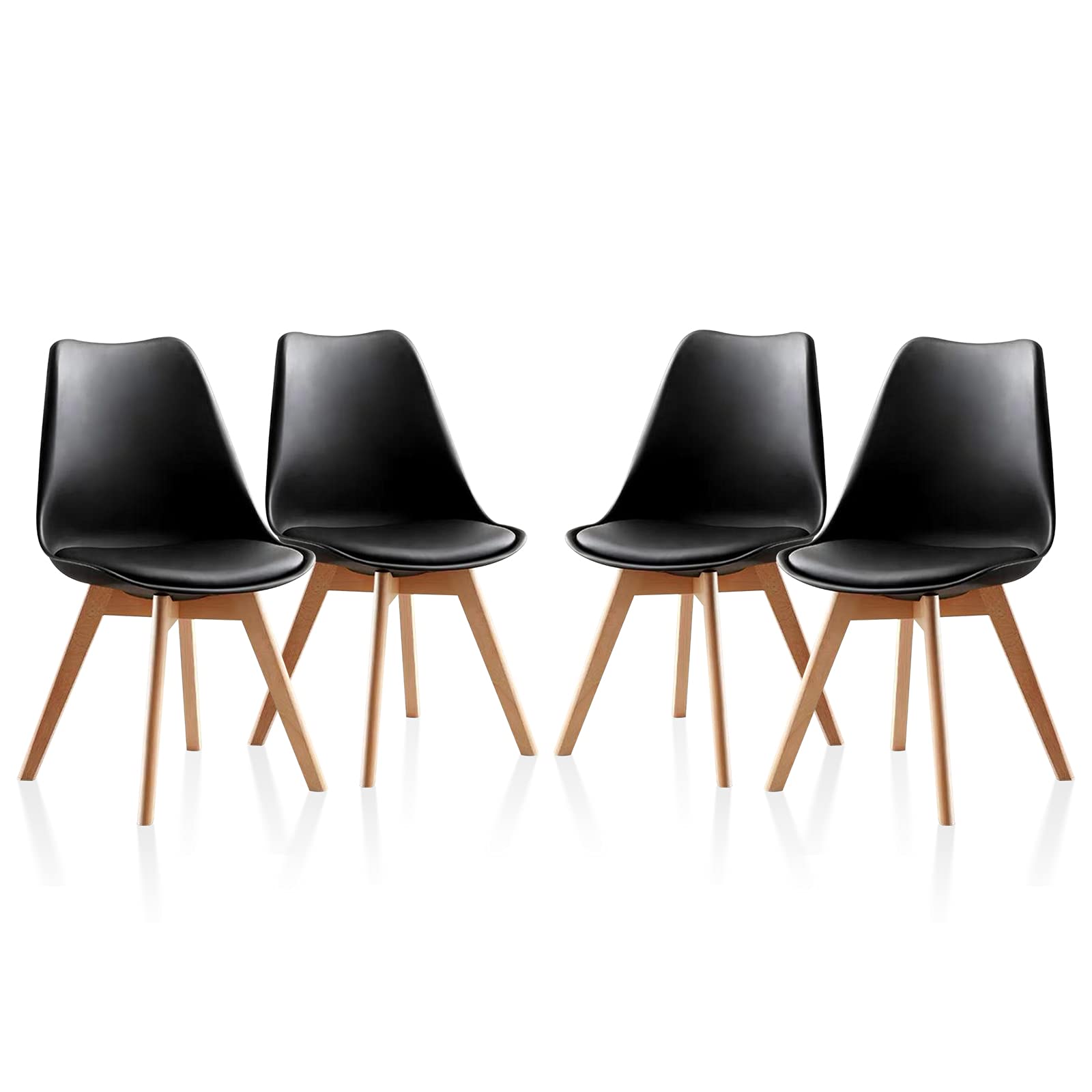 TUKAILAi 4-Piece Black Dining Chairs with Natural Wood Legs - Retro Style Padded Seat Kitchen Chairs Set of 4 - Living Room & Commercial Use