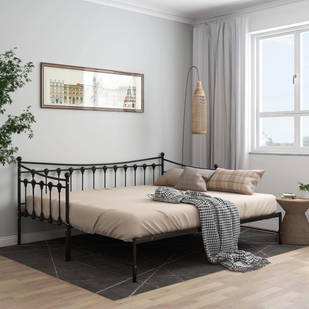vidaXL Estructura de Sofá Cama Extraíble para Pijamas Auxiliar de Invitados Habitación Mueble Mobiliario Duradero Individual de Metal Negro 90x200 cm