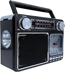 Rádio Portátil 135 com Bluetooth V5.0 Entrada USB Cartão SD AM FM Bateria Interna Lanterna Embutida e Alça de Mão (Preto)