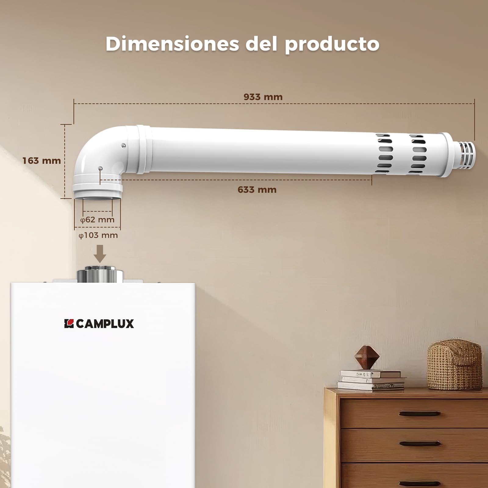 CAMPLUX Kit Coaxial Horizontal 60/100 mm para Modelo GX318 – Codo 90°, Set de Terminal de Pared, Tubo de Aluminio, Compatible con Calentador de Agua a Gas (11-14 L/min), VP90T