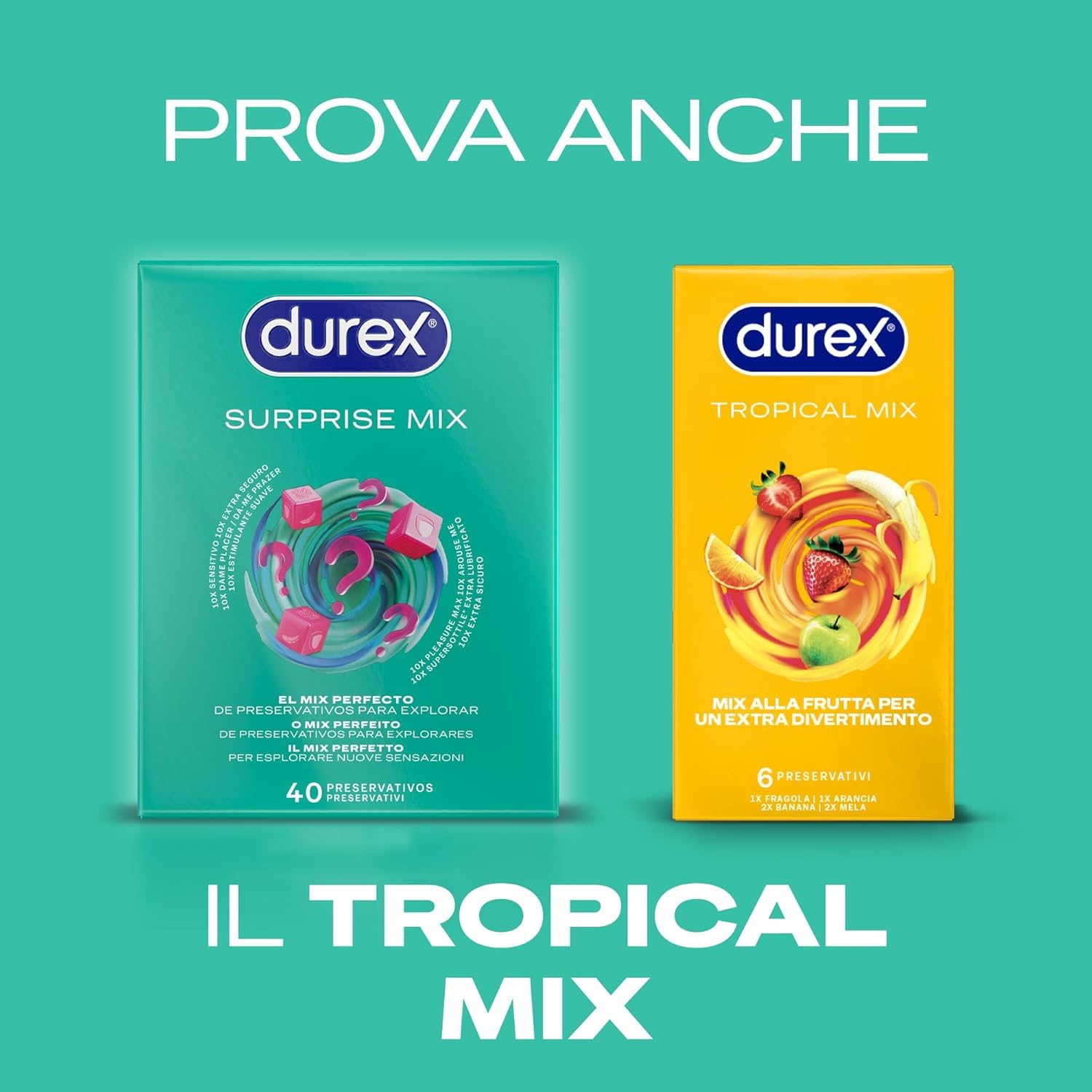 Durex Surprise Mix Preservativi Assortiti, Con Rilievi e Nervature e Sottili, 40 Profilattici