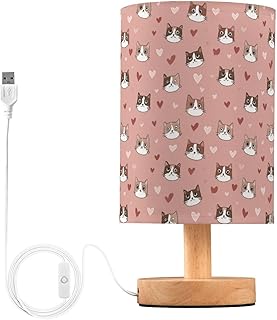 Valentine Pink Heart Cat Faces Bedside Table Lamp Small Desk Lamps Linen Fabric Shade Decorative Nightstand Lamp LED with USB Port Wood Base for Bedroom Living Room