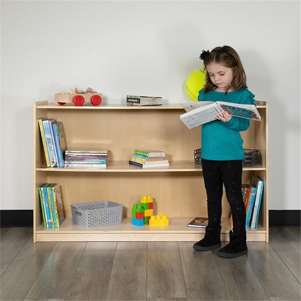 BOWERY HILL Wooden Kids Bookcase, 30" H x 48" W, 2 Shelves, Natural Finish, Birch Plywood, Fixed Storage Compartments, Rounded Edge Anti-Tip Design, Ideal for Playroom, Classroom, Daycare, Waiting