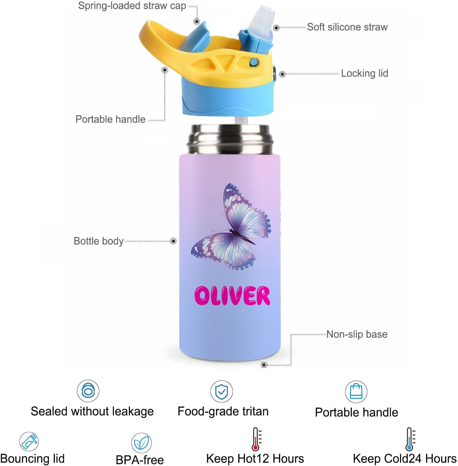 Personalized Water Bottles for Kids Custom Photo Insulated Water Bottle with Straw Lid Customized Stainless Steel Water Bottle Gift for Girls Boys School Sports 12 Oz - Image 5