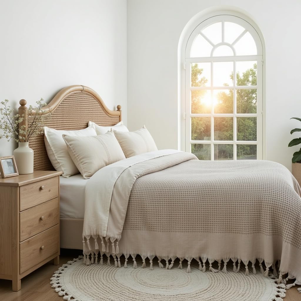 BOHORIA® Tagesdecke 220x240 cm in Waffeloptik Santorini | extra groß | 100% Baumwolle | Oeko-Tex® | Überwurf für Sofa, Sessel & Bett | Sofadecke Wolldecke Wohndecke (Sepia)