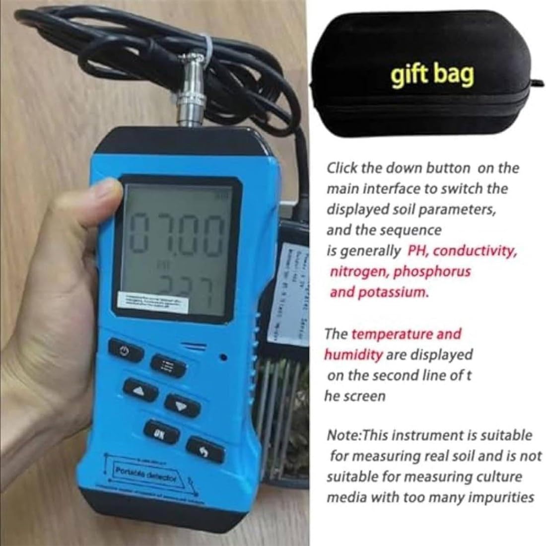 Cyfrowy tester gleby 7 w 1, wysoka dokładność NPK/pH/EC/czujnik wilgotności/temperatury/wilgotności, duży podświetlany wyświetlacz LCD, przemysłowy wytrzymały, bez odczynników do szklarni ogrodowej
