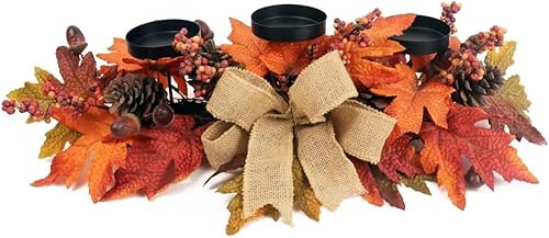 Fall Candle Holder Centerpiece with Maple Leaves, Pinecones, Berries &