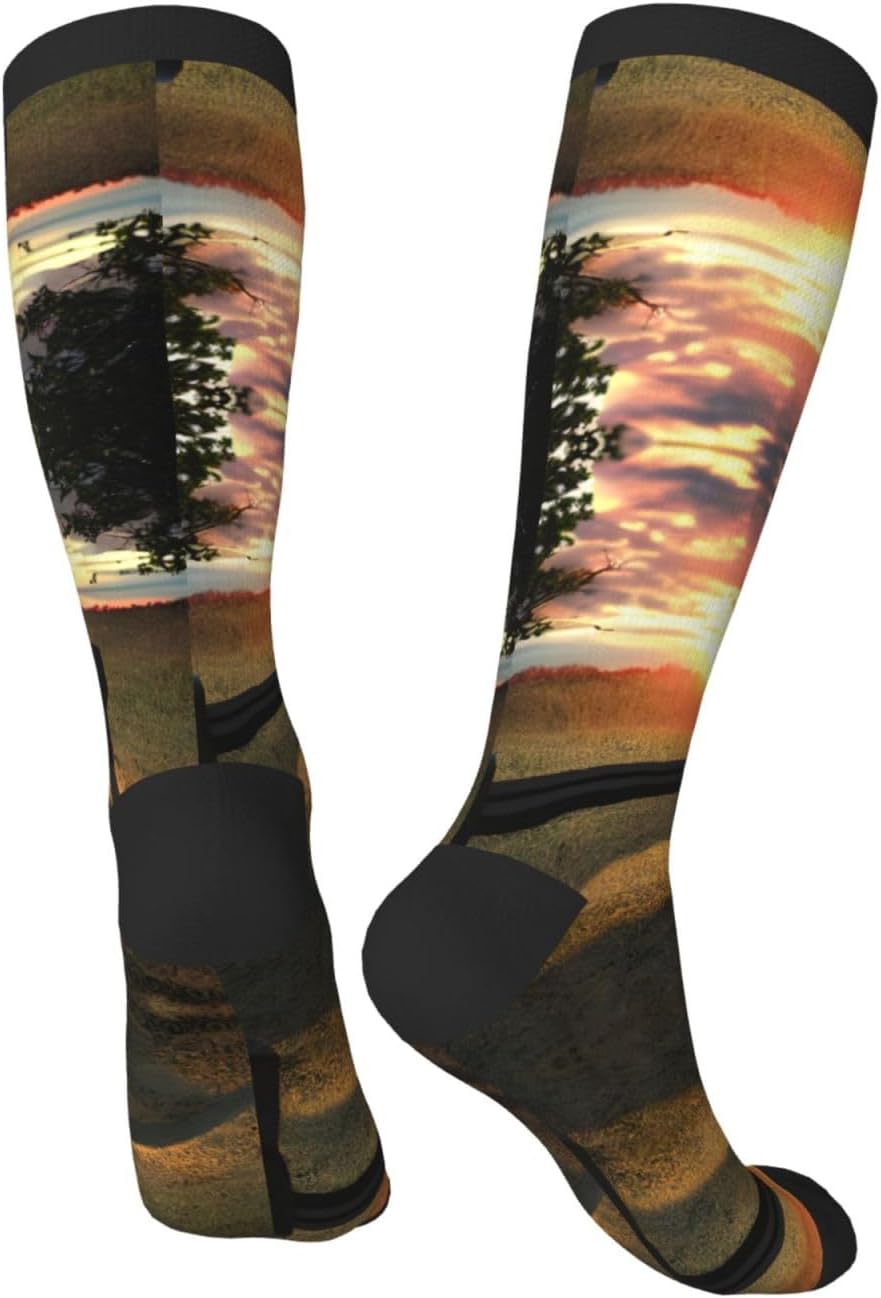Lonely Bench Sunset Print Breathable Crew Neck Athletic High Socks,Suitable For Sports,Running,And Travel.