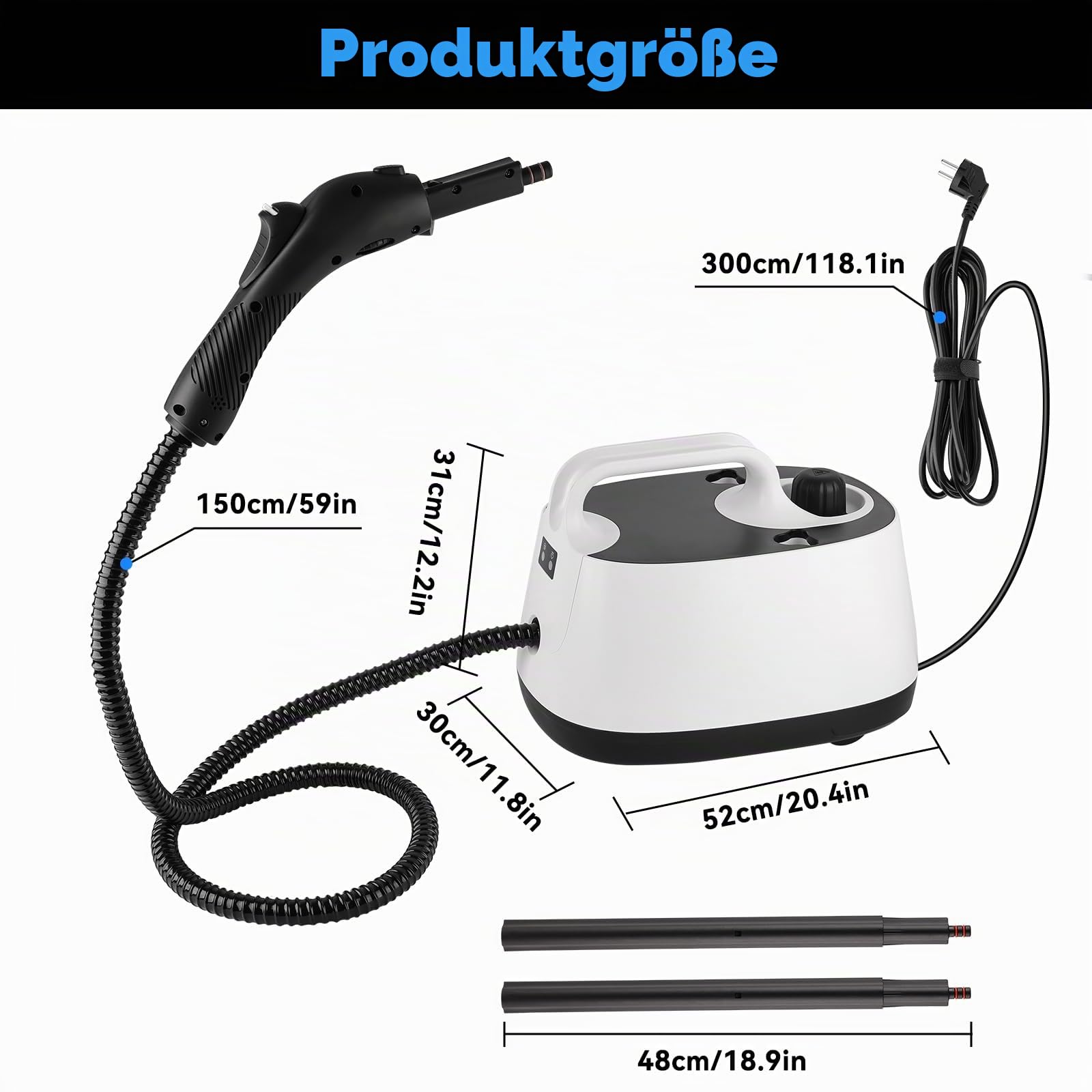 Dampfreiniger 2000W Nexalite, 4 bar Hochdruck, 1600 ml Tank, 15-tlg Zubehör | 4 bar Tiefendampf, 3–7 Min Aufheizen; 1600 ml Langlauf; 15 Teile Set; für Fliesen, Fenster, Bad, Auto-Innenraum