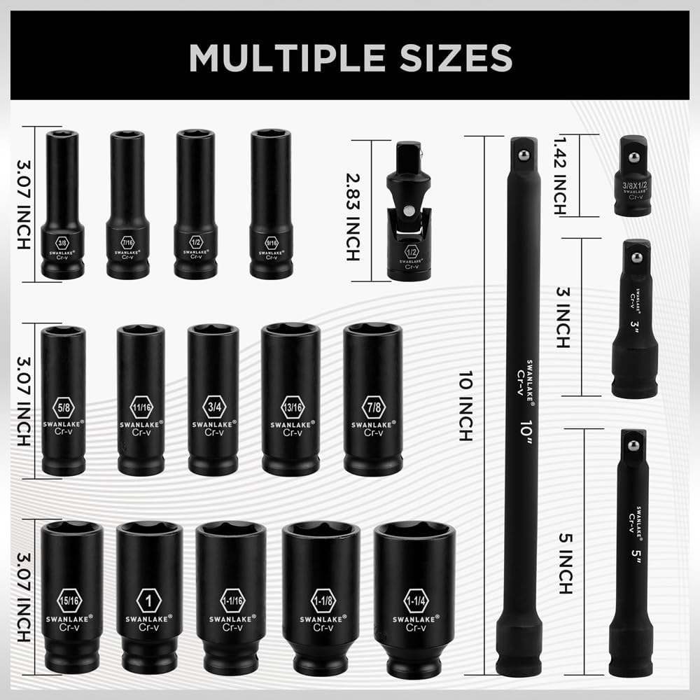 SWANLAKE 19-Piece 1/2" Impact Socket Set, 6 Point Impact Set, SAE (3/8-inch to 1-1/14-inch) Standard Large Socket, CR-V Mechanic Tool Set