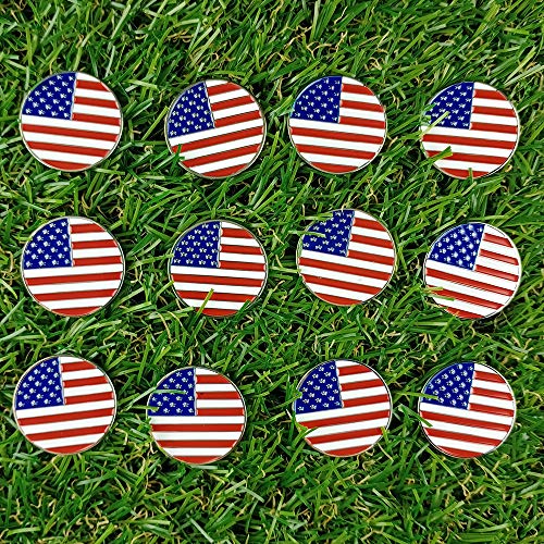 Image of Golf Ball Markers Assorted Patterns Value Pack of 12 Golf Gifts, Golf Cap Clips and Divot Repair Tools Parter Accessories Sets for Men Women Kids Golfer (Flag 12pcs)