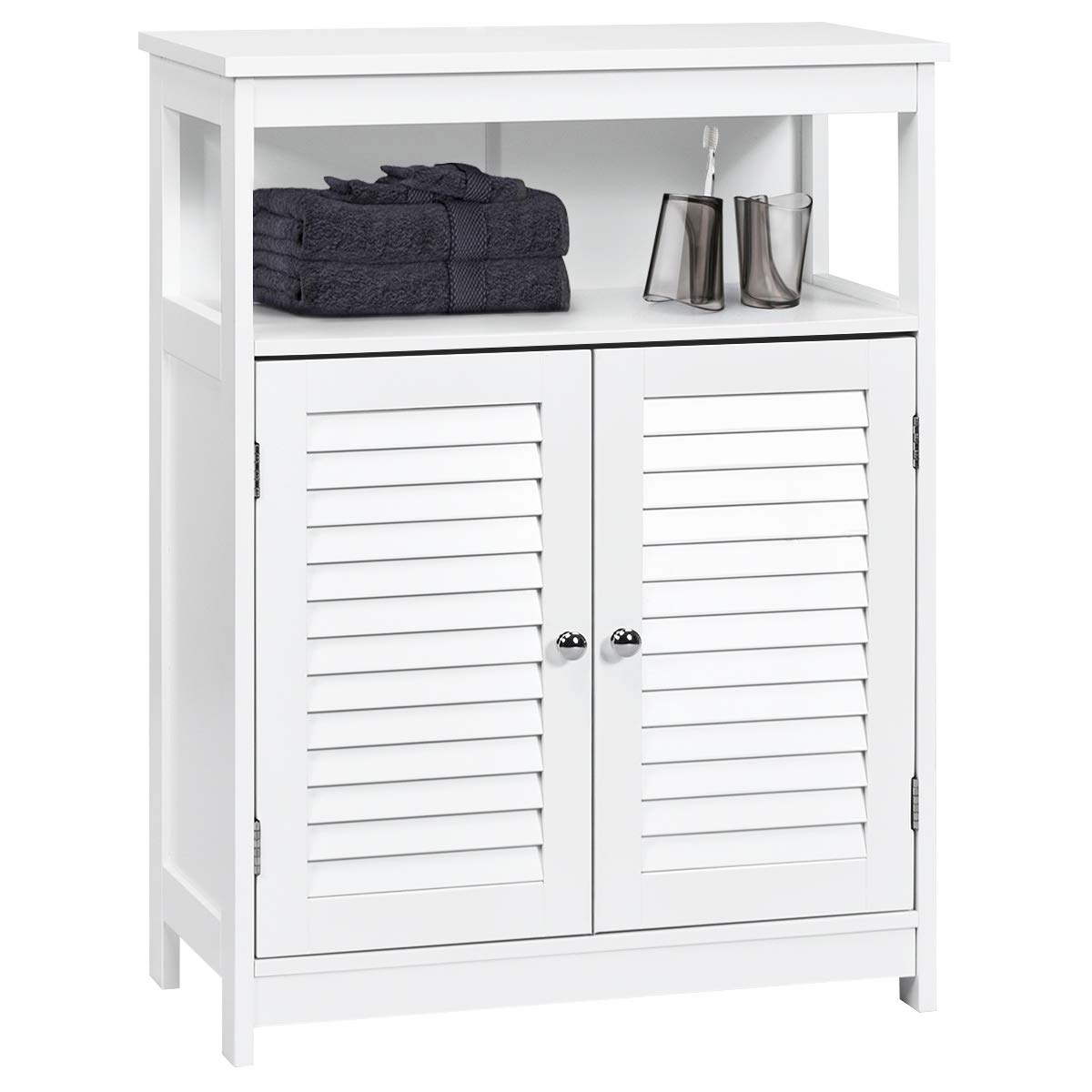 Tangkula Bathroom Floor Cabinet, Wooden Freestanding Storage Cabinet with Double Shutter Door & Adjustable Shelf, Storage Cabinet for Bathroom Living Room (White)