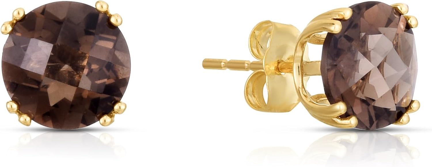 14K Yellow Gold Genuine Smoky Quartz 8 mm Round Studs Earrings