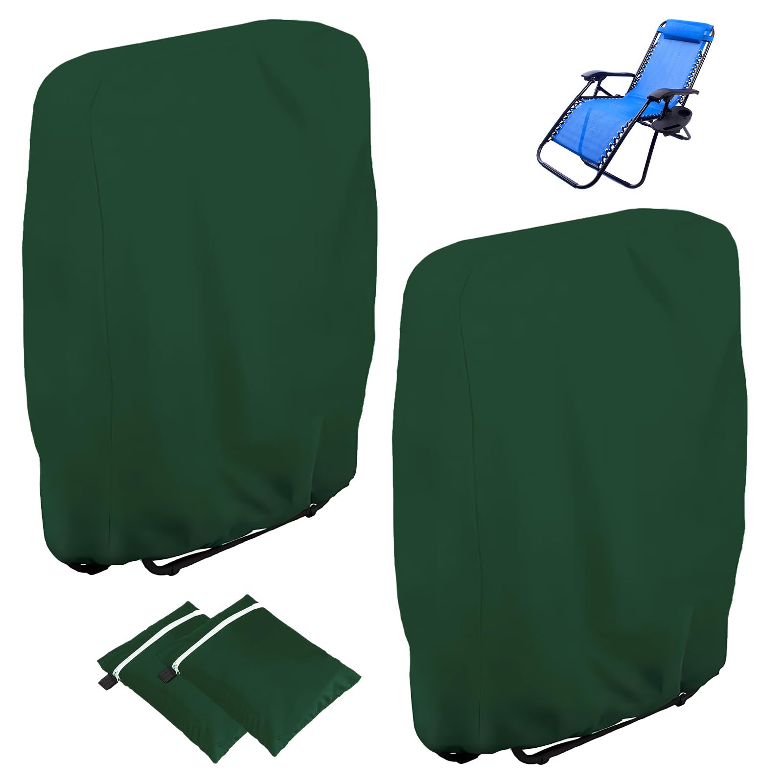 Omtofo Klapstoelbeschermhoes, 2 stuks, 71 x 110 cm, Oxford-afdekking, winddicht, anti-uv, stofdicht, voor tuinmeubelen, ligstoel, klapstoel, tuinmeubelbeschermhoes, groen