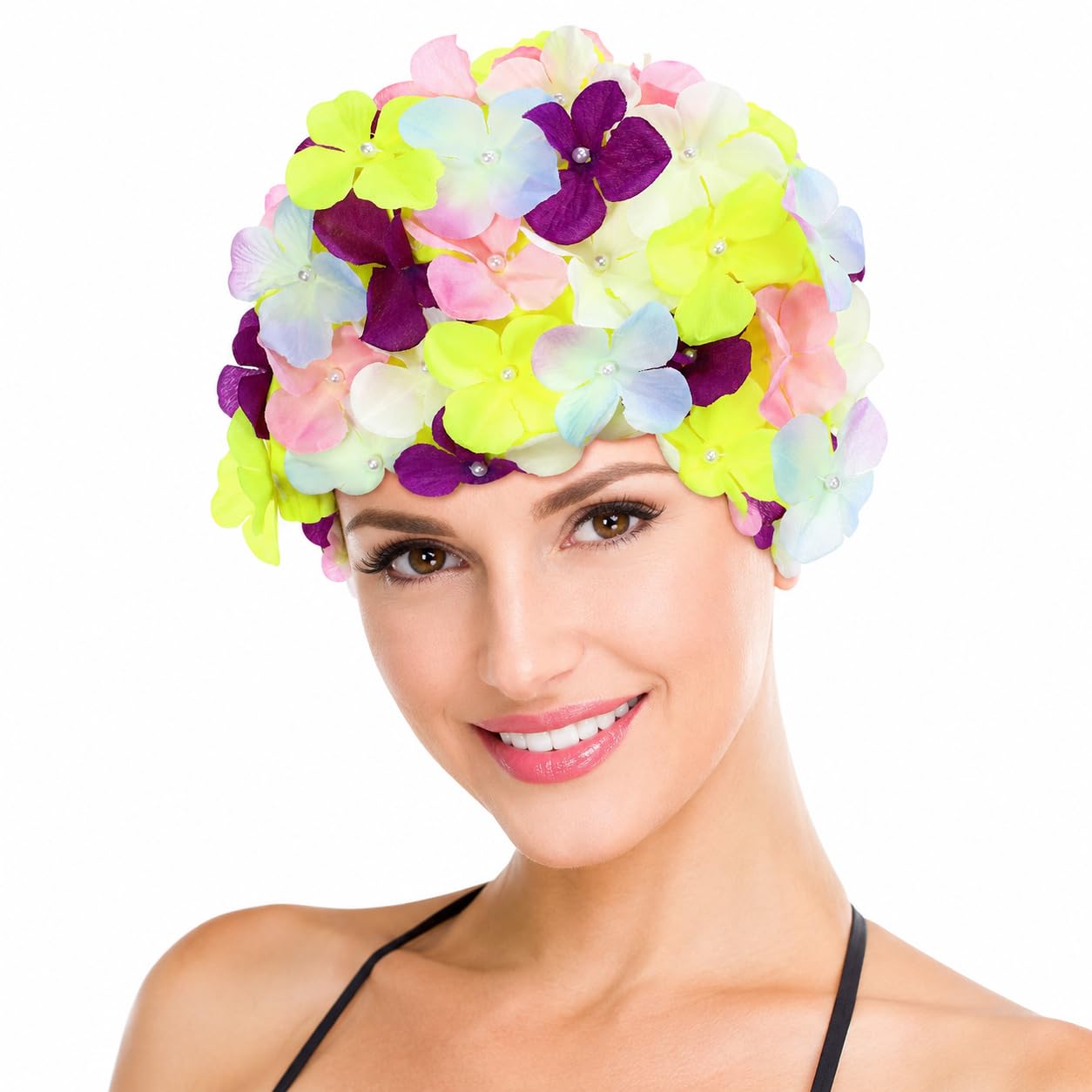 Housoutil Flower Swim Cap for Women, Floral Swimming Cap Waterproof Bathing Hat, Stylish Swim Hat for Adult Women, Colorful Large Size