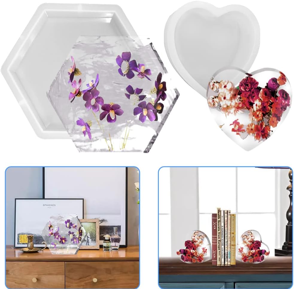 2 Set Large Resin Molds, Hexagon Heart Silicone Deep Epoxy Resin Molds Bookend Silicone Mold for Epoxy Resin Specimens Preserved Flower Wedding