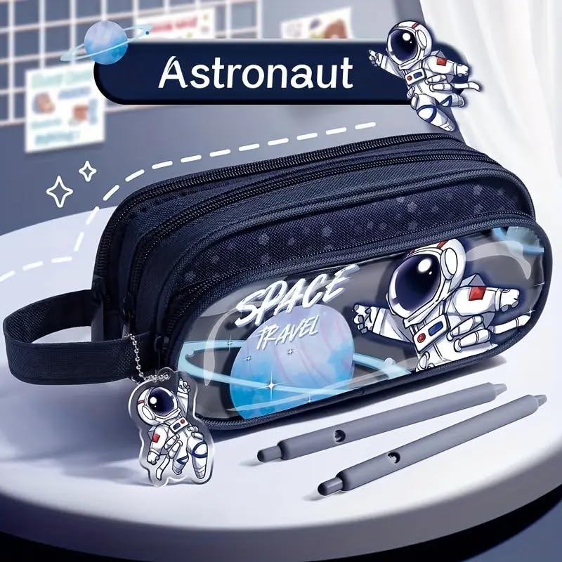Image of Invite Canvas Large Capacity Transparent Cartoon Print Pencil Case 3 Compartment Cute Aesthetic Pencil Case for Girls Multifunctional Stationery Organizer for School Office (Blue-Astronaut)