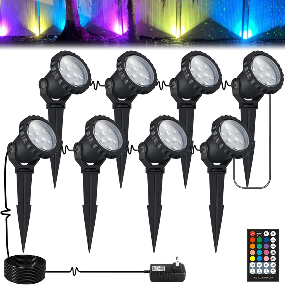 COVOART Color Changing LED Landscape Lights 24W Landscape Lighting IP66 Waterproof LED Garden Pathway Lights Walls Trees Outdoor Spotlights with Spike Stand, Outdoor Landscaping Lights, 8 Pack