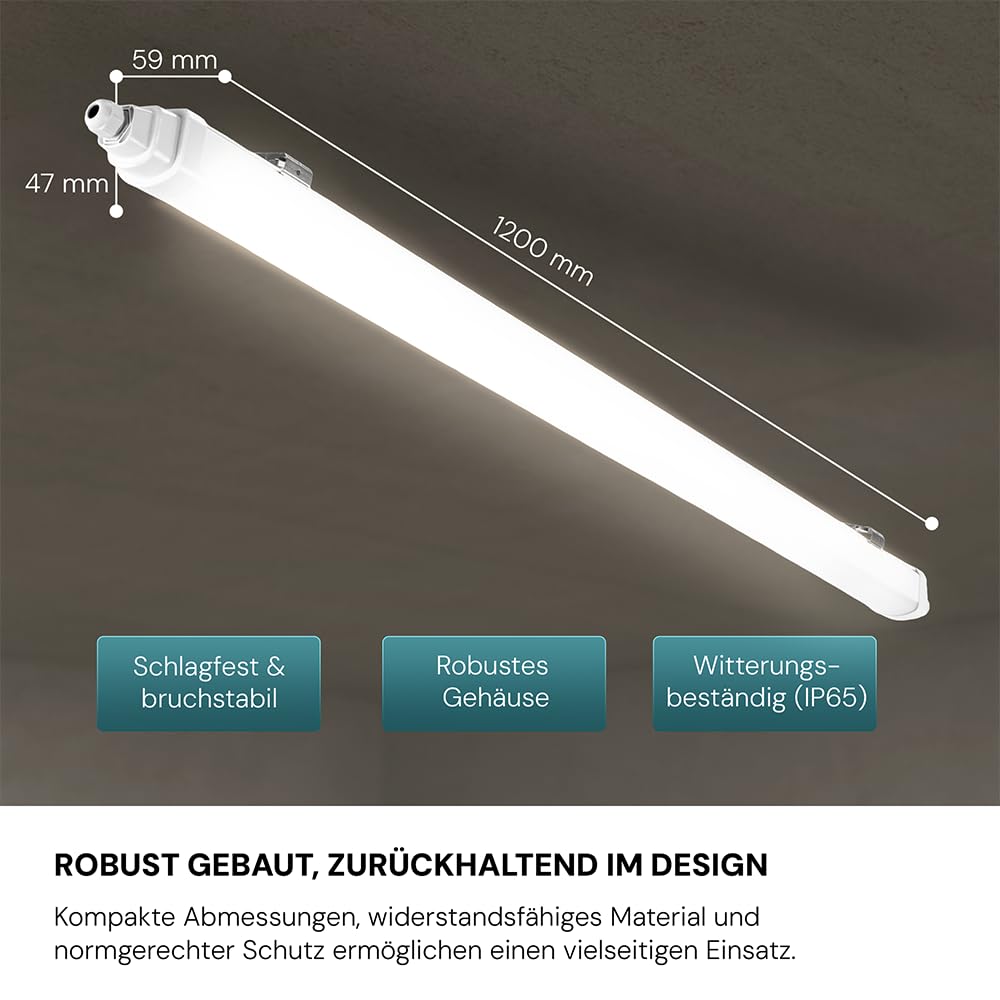 LUXULA 4x LED Feuchtraumleuchte 120cm Wannenleuchte 36W 4000K Neutralweiß 4320lm - Verknüpfbar - IP65 Wasserdicht - LED Werkstattlampe flach Kellerlampe Garagenlampe - Reihenschaltung