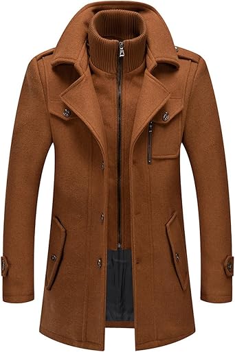 Mens Wool Blend Coats with Detachable Zipper Winter Warm Jakcet Single Breasted Business Windbreaker Pea Coat