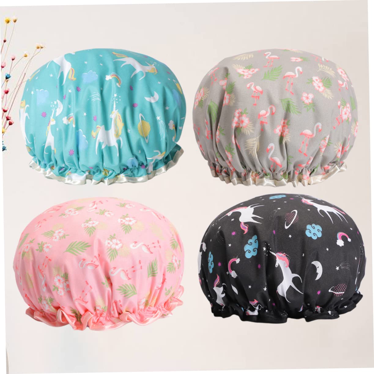 Healeved 12piezas Gorros De Impermeables Para Mujeres De Diseño De Flamenco Rosa y Pegasus Azul Accesorios De Baño Duraderos y Elásticos Para Spa y Viajes