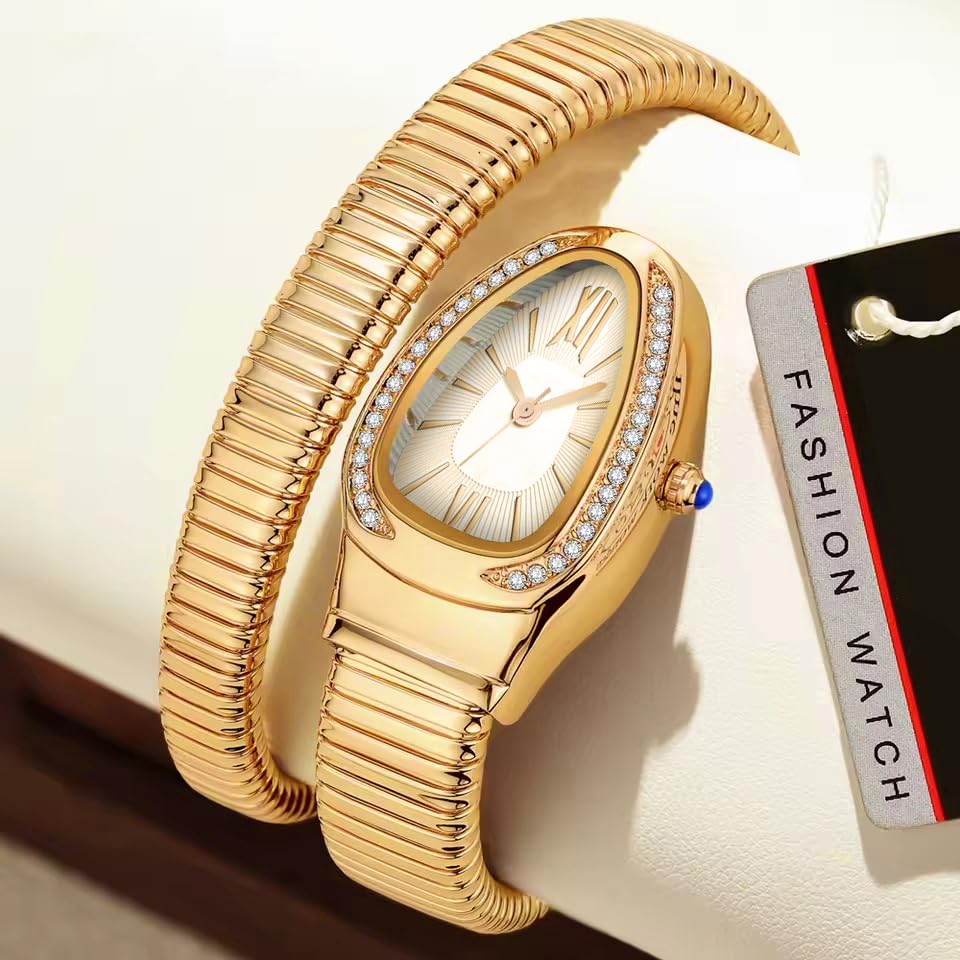 Image of Shocknshop Analog White Dial Diamond-Embellished Snake Spiral Bracelet Watch for Women -WCH166