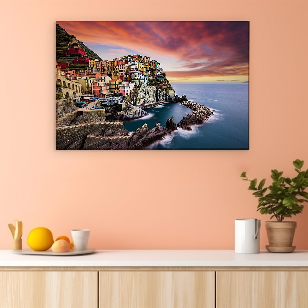 Canvas for Living room. Manarola's Sunset Splendor: A Hillside Symphony of Colors, 27 x 18 inch Canvas Wall Art - Contemporary Masterpieces - Modern Home Decor