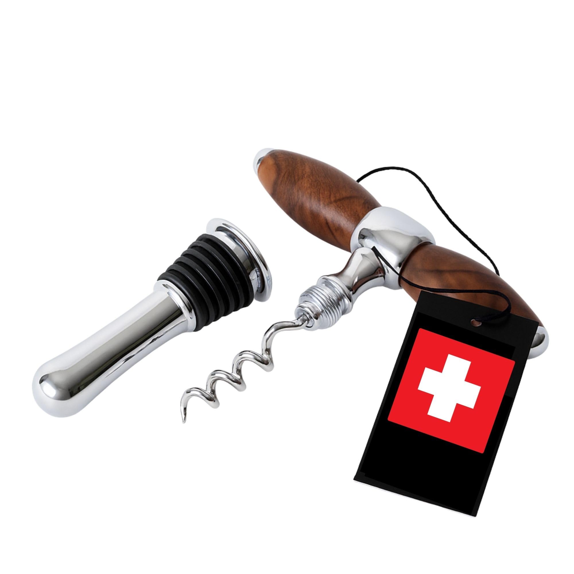 Tire-bouchon exclusif fait main - Bouchon de bouteille en bois de noyer, fabriqué à la main en Suisse, cadeau de nouvelle maison, design élégant, ouvre-bouteille multifonction 2 en 1, garantie 10