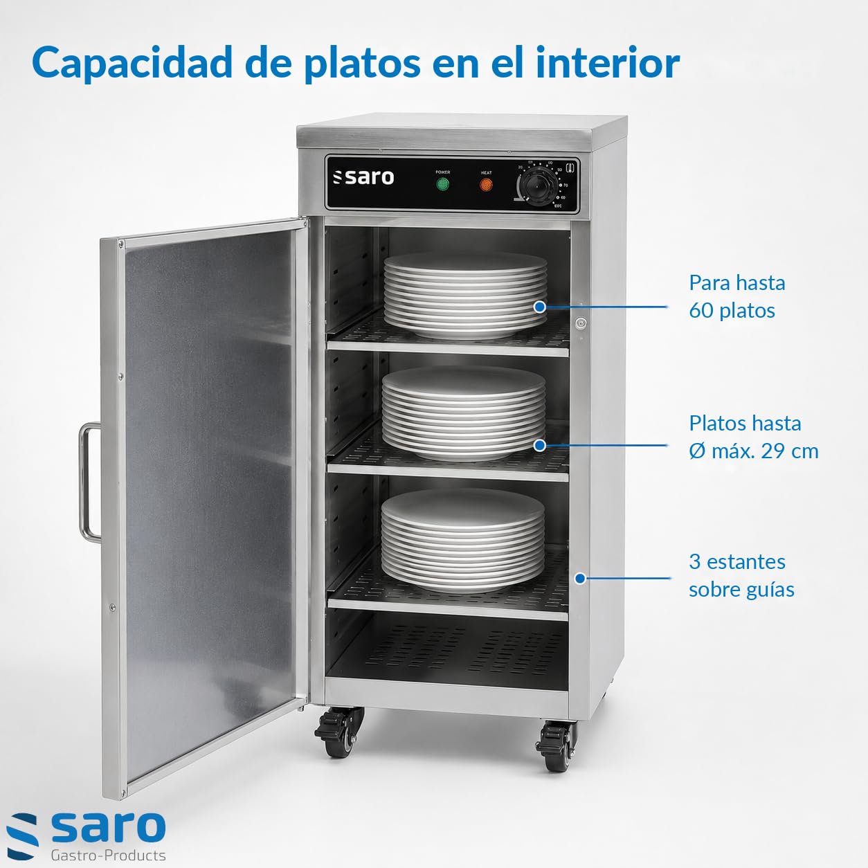 SARO TW 60 Armario calientaplatos, 60 platos de 29 cm Ø, acero inoxidable, 3 compartimentos, ruedas con freno, temperatura +35 a +85 °C