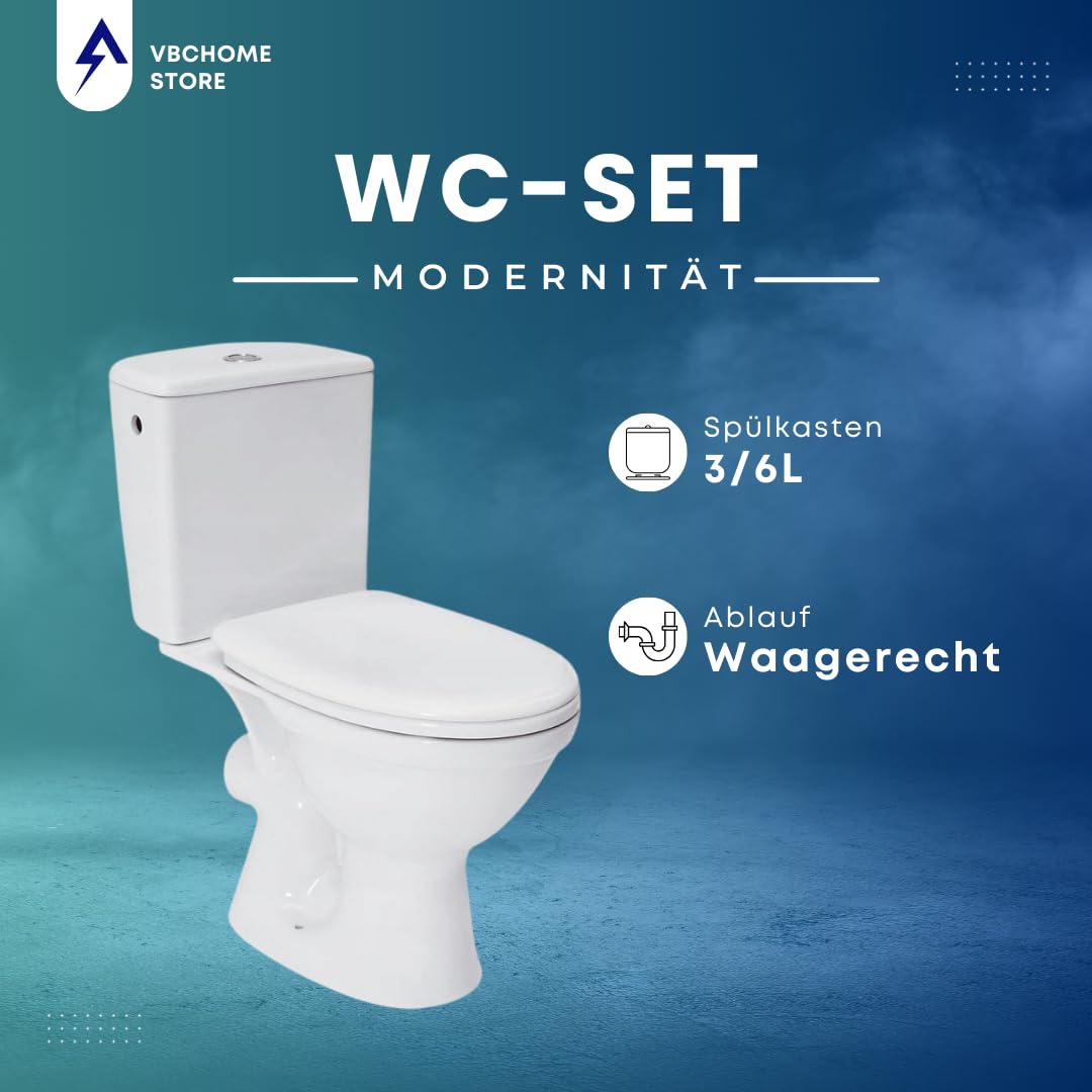 Completo per WC Toilette di ceramica stand – Set di design con cassetta wc – sedile in polipropilene per orizzontale uscita acqua collegamento Merida