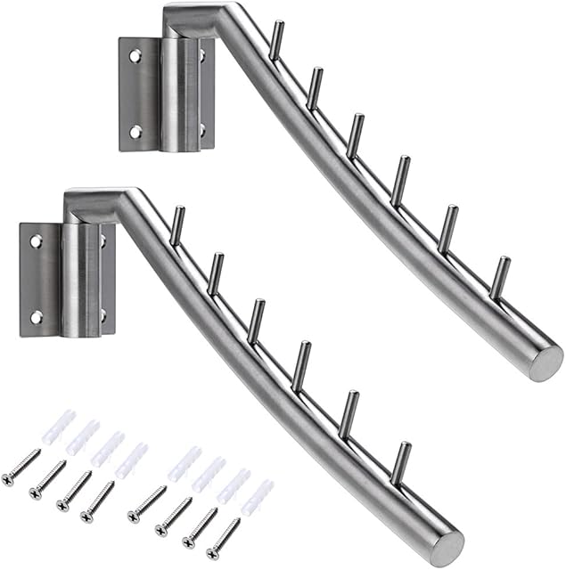 BTSKY 2 Sets Wall-Mounted SUS304 Stainless Steel Swing Arm Holder Clothes Coat Hanger with 6 Hooks Coat Rack Closet Storage Organizer Brushed Finish
