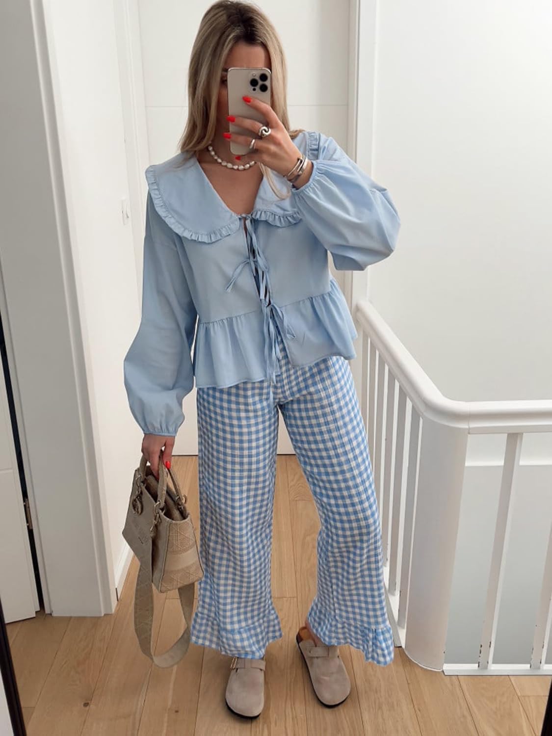 Women Lapel Doll Collar Blouse Puff Sleeve Pleated Tie Front Peplum Shirts Summer Cute Babydoll Tops - Image 3