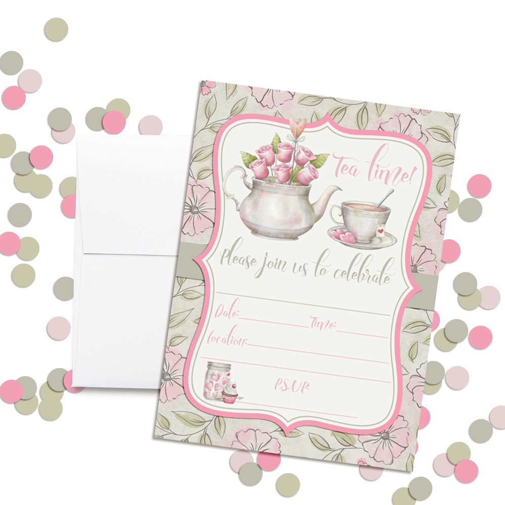 Watercolor Tea Party Birthday Party Invitations for Girls, 20 5x7 Fill In Cards with Twenty White Envelopes by AmandaCreation.