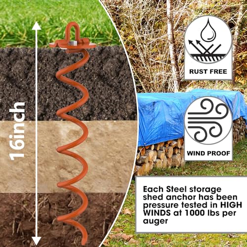 Image of Eurmax USA 4-Pack Spiral Ground Stakes,Anti-Rust High Wind Trampoline Stakes Anchors,Heavy Duty Screw-In Anchor Kit with Tie Down Straps for Dog Tie-out,Trampoline,Tents,Tarps,Carports and more,Orange