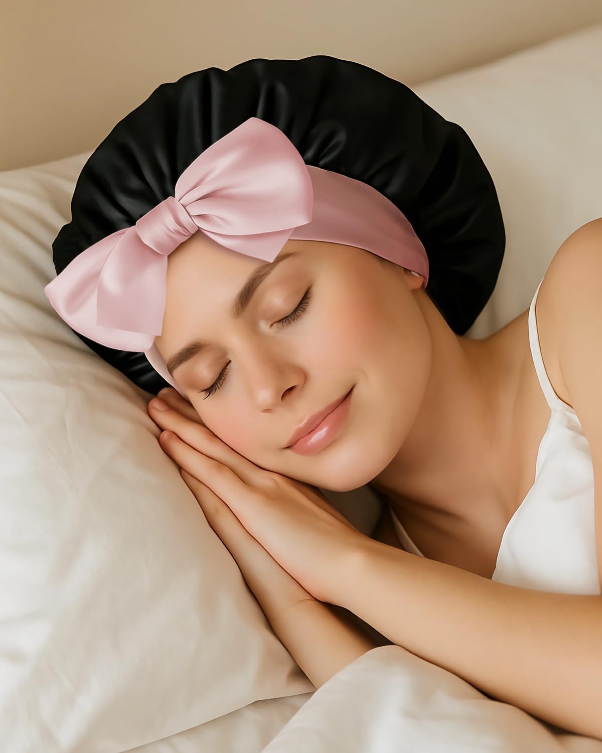 DAISYSILK 100% Mulberry Silk Bonnet for Sleeping Women – Large Hair Wrap with Adjustable Tie, Soft & Comfortable Color Block Sleep Cap, Black + Pink