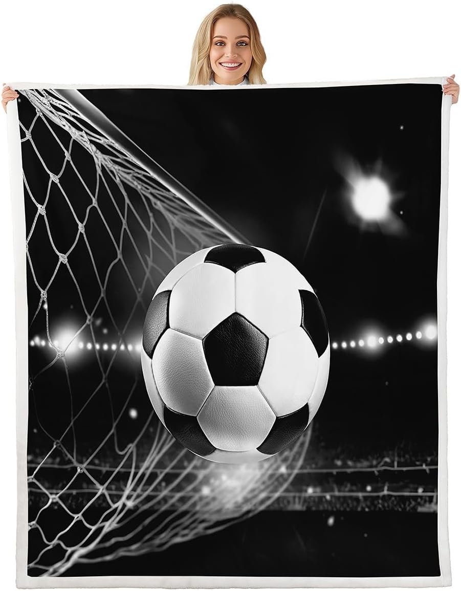 Football Print Fleece Blanket Black White Soccer Ball Sherpa Throw Blanket for Bed Sofa Sports Theme Game Competition Plush Blanket 3D America Football Fuzzy Blanket Bedroom Decor Twin 60"x80"