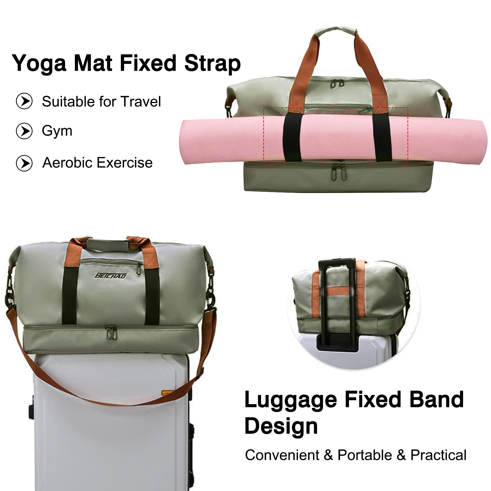 FANDARE Bolsa de Viaje Deportiva Gimnasio Mujer Hombre Fin de Semana Senderismo Maleta de Mano con Bolsillo Húmedo y Compartimento para Zapatos Verde