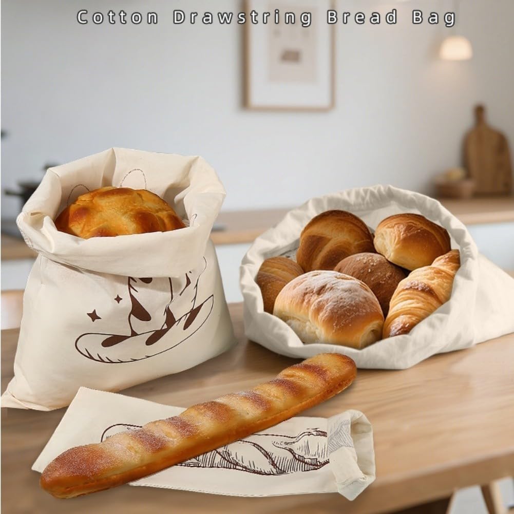 Brotbeutel Leinen 4er Set Waschbar Atmungsaktiv Kordelzug Aufbewahrungstasche für Brot Obst Gemüse 30x40cm